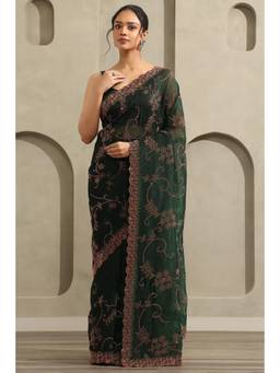Soch - Women Green Embellished/Sequined Chiffon Saree with Unstitched Blouse