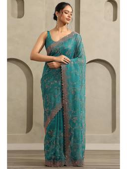 Soch - Women Teal Embellished/Sequined Chiffon Saree with Unstitched Blouse
