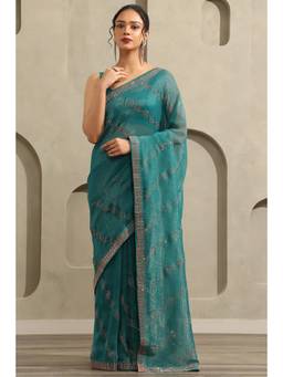 Soch - Women Teal Embellished/Sequined Chiffon Saree with Unstitched Blouse