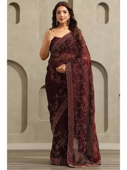 Soch - Women Maroon Embellished/Sequined Chiffon Saree with Unstitched Blouse
