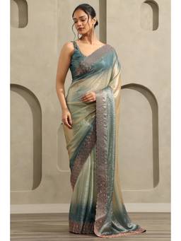 Soch - Women Teal Embellished/Sequined Organza Saree with Unstitched Blouse
