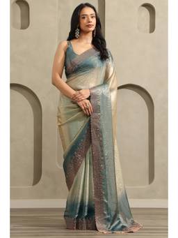 Soch - Women Teal Embellished/Sequined Organza Saree with Unstitched Blouse