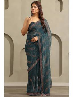 Soch - Women Blue Embellished/Sequined Chiffon Saree with Unstitched Blouse