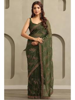 Soch - Women Olive Embellished/Sequined Chiffon Saree with Unstitched Blouse