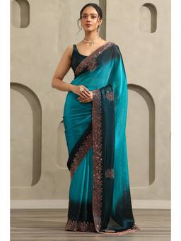 Soch - Women Teal Ombre Organza Saree with Unstitched Blouse