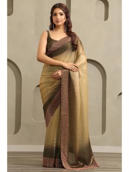 Soch - Women Olive Ombre Organza Saree with Unstitched Blouse