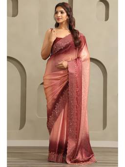 Soch - Women Maroon Ombre Organza Saree with Unstitched Blouse