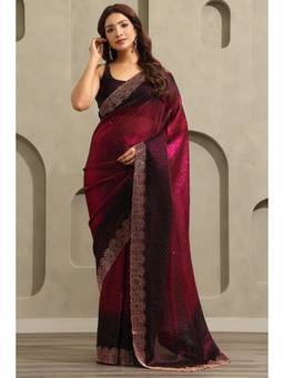 Soch - Women Wine Ombre Organza Saree with Unstitched Blouse