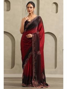 Soch - Women Red Ombre Organza Saree with Unstitched Blouse