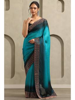 Soch - Women Blue Ombre Organza Saree with Unstitched Blouse