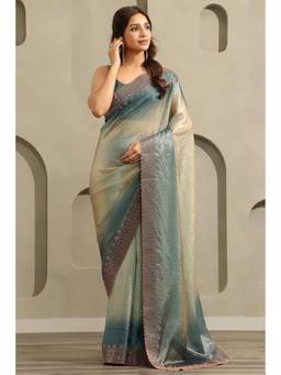 Soch - Women Blue Ombre Organza Saree with Unstitched Blouse