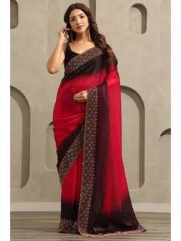 Soch - Women Red Ombre Organza Saree with Unstitched Blouse