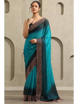 Soch - Women Blue Ombre Organza Saree with Unstitched Blouse