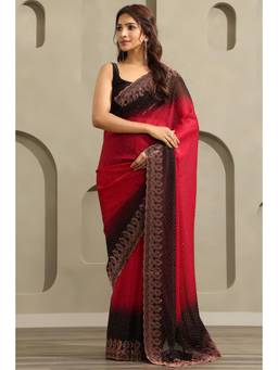Soch - Women Red Ombre Organza Saree with Unstitched Blouse