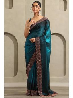 Soch - Women Blue Ombre Organza Saree with Unstitched Blouse