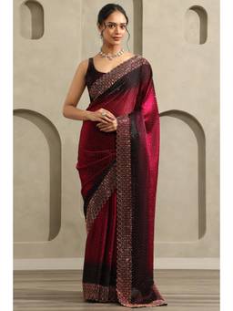 Soch - Women Wine Ombre Organza Saree with Unstitched Blouse