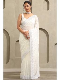 Soch - Women White Embellished/Sequined Organza Saree with Unstitched Blouse
