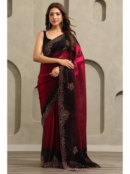 Soch - Women Wine Ombre Organza Saree with Unstitched Blouse