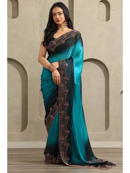 Soch - Women Blue Ombre Organza Saree with Unstitched Blouse