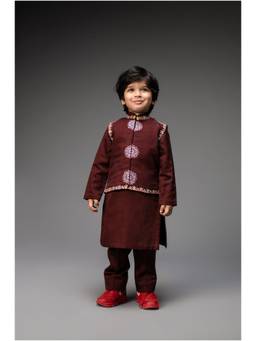 Neha Gursahani - Deep Wine Nehru Jacket With Kurta And Pant