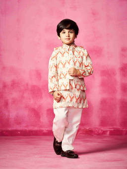 Neha Gursahani - Printed Ivory Kurta With Waistcoat And Pant