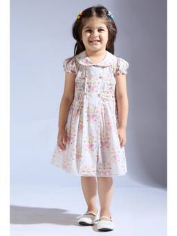Neha Gursahani - Printed Smocked Ivory Knee Length Dress