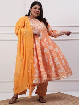 Jaipur Kurti - Orange Floral Print Anarkali Kurta with Pant and Dupatta (Set of 3)