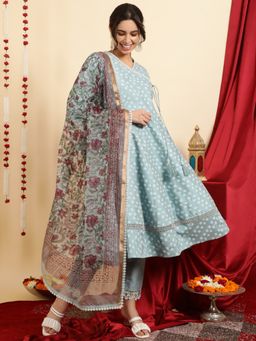 Jaipur Kurti - Light Blue Printed Angarkha Kurta with Pant and Dupatta (Set of 3)