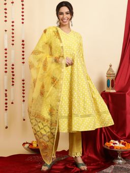 Jaipur Kurti - Yellow Printed Angarkha Kurta with Pant and Dupatta (Set of 3)