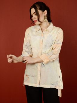 Jaipur Kurti - Peach Marble Print Asymmetric Shirt