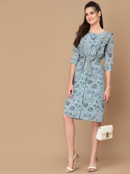 KASSUALLY - Turquoise Blue Floral Georgette A-Line Ruffle Dress