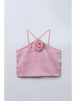 Taffy - Pink Organza Rose Detail Halter Party Crop Top