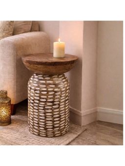 Akira Furnishings - Handmade Wooden Stool-Table With Rustic Whitewash Charm