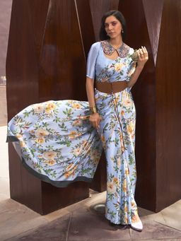 Akhilam - Women Satin Silk Blue Digital Print Designer Saree with Unstitched Blouse