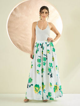 First Resort by Ramola Bachchan - White And Green Floral Wide Leg Palazzo