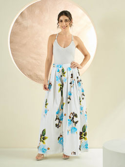 First Resort by Ramola Bachchan - White And Light Blue Floral Wide Leg Palazzo