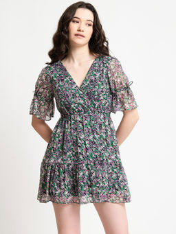 Twenty Dresses by Nykaa Fashion - Black & Green Poly Chiffon Ditsy Floral Mini dress