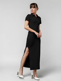 Twenty Dresses by Nykaa Fashion - Black Solid Collar Neck Short Sleeve Maxi Dress