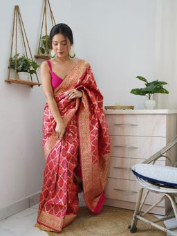 Odette - Pink Printed Silk Saree with Unstitched Blouse