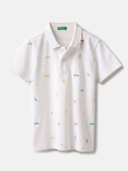 United Colors of Benetton - White Embroidered Polo T-Shirt