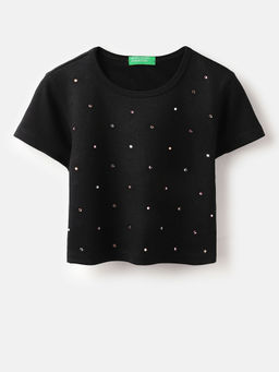 United Colors of Benetton - Black Round Neck Embellished T-Shirt