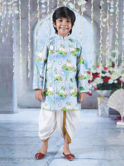 Little Bansi - Boys Cotton Kaam Dhenu Cow Sherwani with Dhoti Blue (Set of 2)