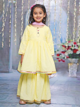 Little Bansi - Girls Cotton Kurta with Sharara and Dupatta Yellow (Set of 3)