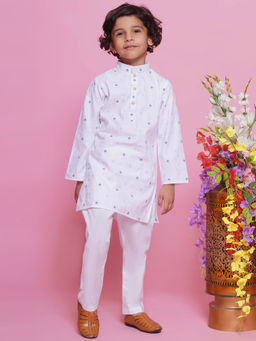 Little Bansi - Boys Cotton Leaf Thread Work Kurta with Pajama White (Set of 2)