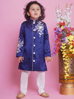 Little Bansi - Boys Mulberry Silk Sherwani and Pajama Blue (Set of 2)