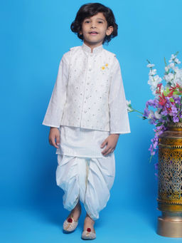 Little Bansi - Boys Cotton Nehru Jacket with Kurta and Dhoti Off White (Set of 3)