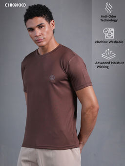 CHKOKKO - Brown Solid Polyester Regular T-Shirt
