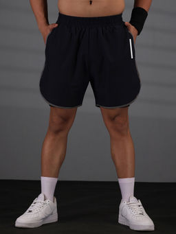 CHKOKKO - Navy Blue Solid Polyester Regular Shorts