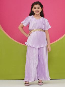 AJ Dezines - Girls Lavender Indo Western Pleated Co-Ord (Set of 3)