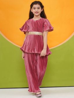 AJ Dezines - Girls Pink Indo Western Pleated Co-Ord (Set of 3)